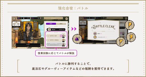 バトル勝利で魔法石やキャンディを獲得できる